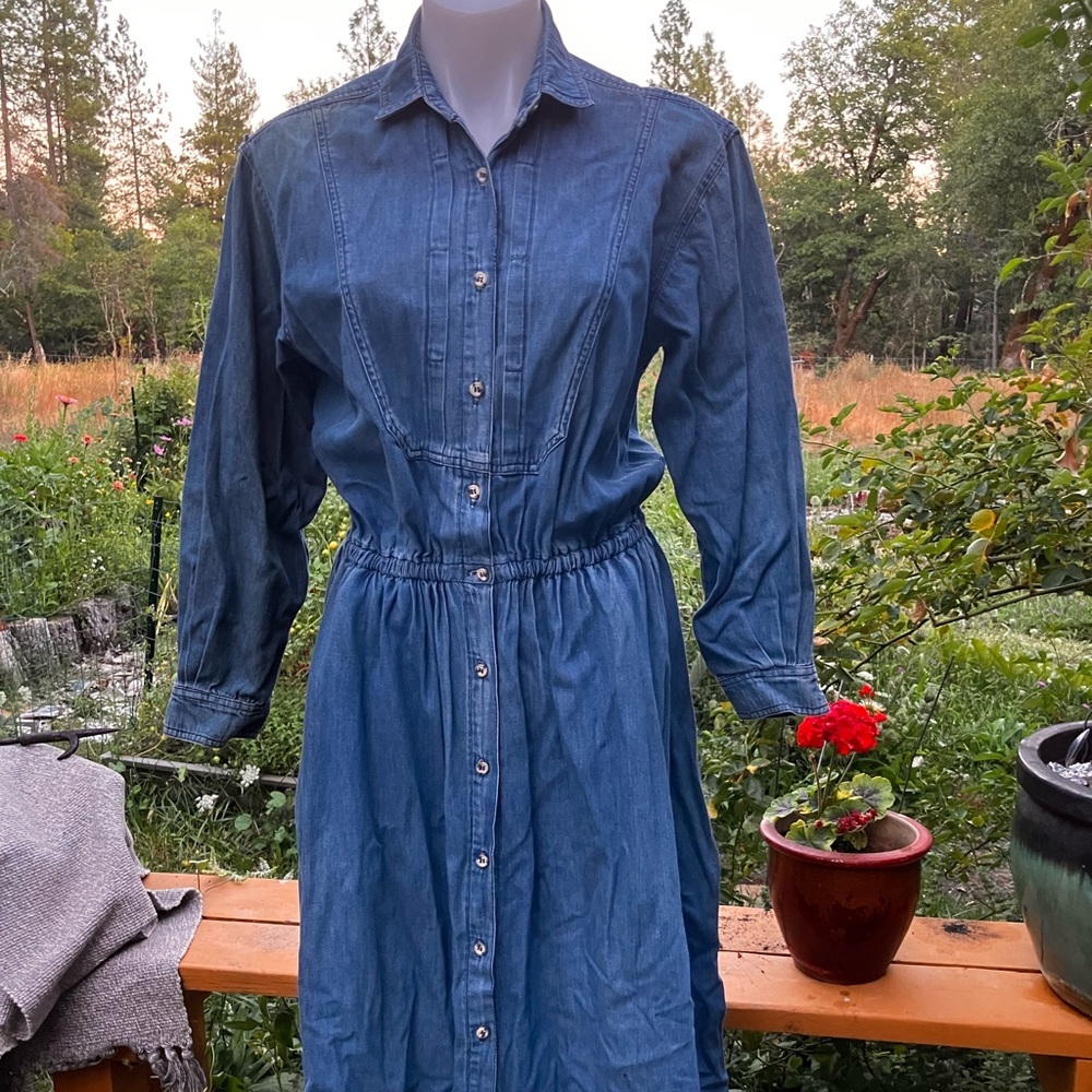 Vintage early 80’s Made in USA Eddie Bauer denim button front prairie  dress M